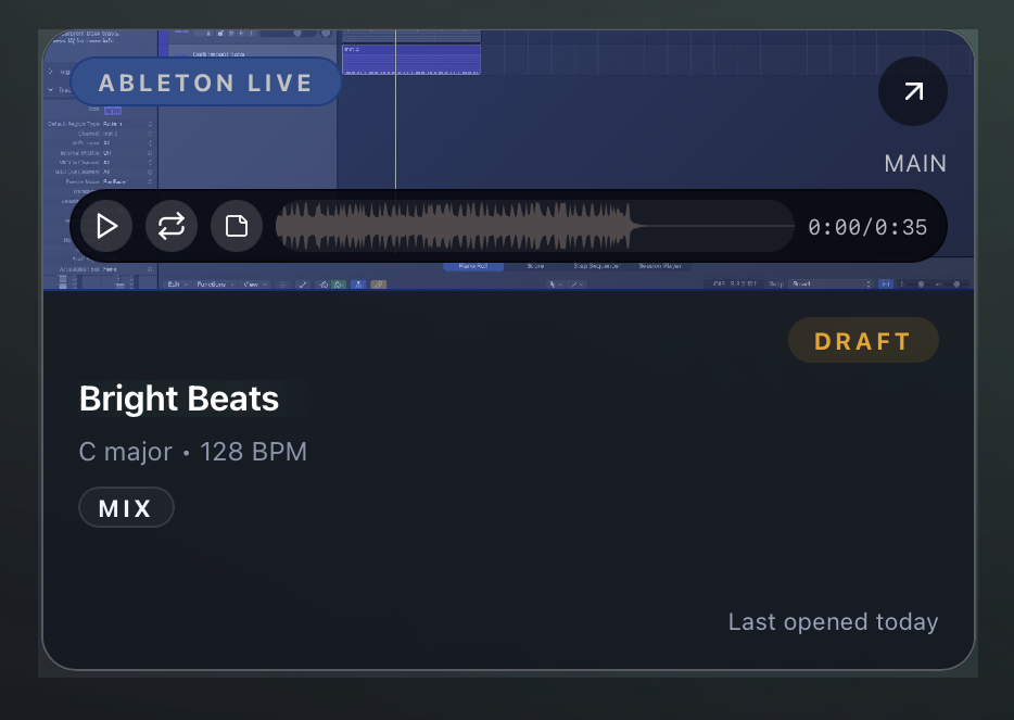 Session card with play button, mini waveform player, and open project arrow