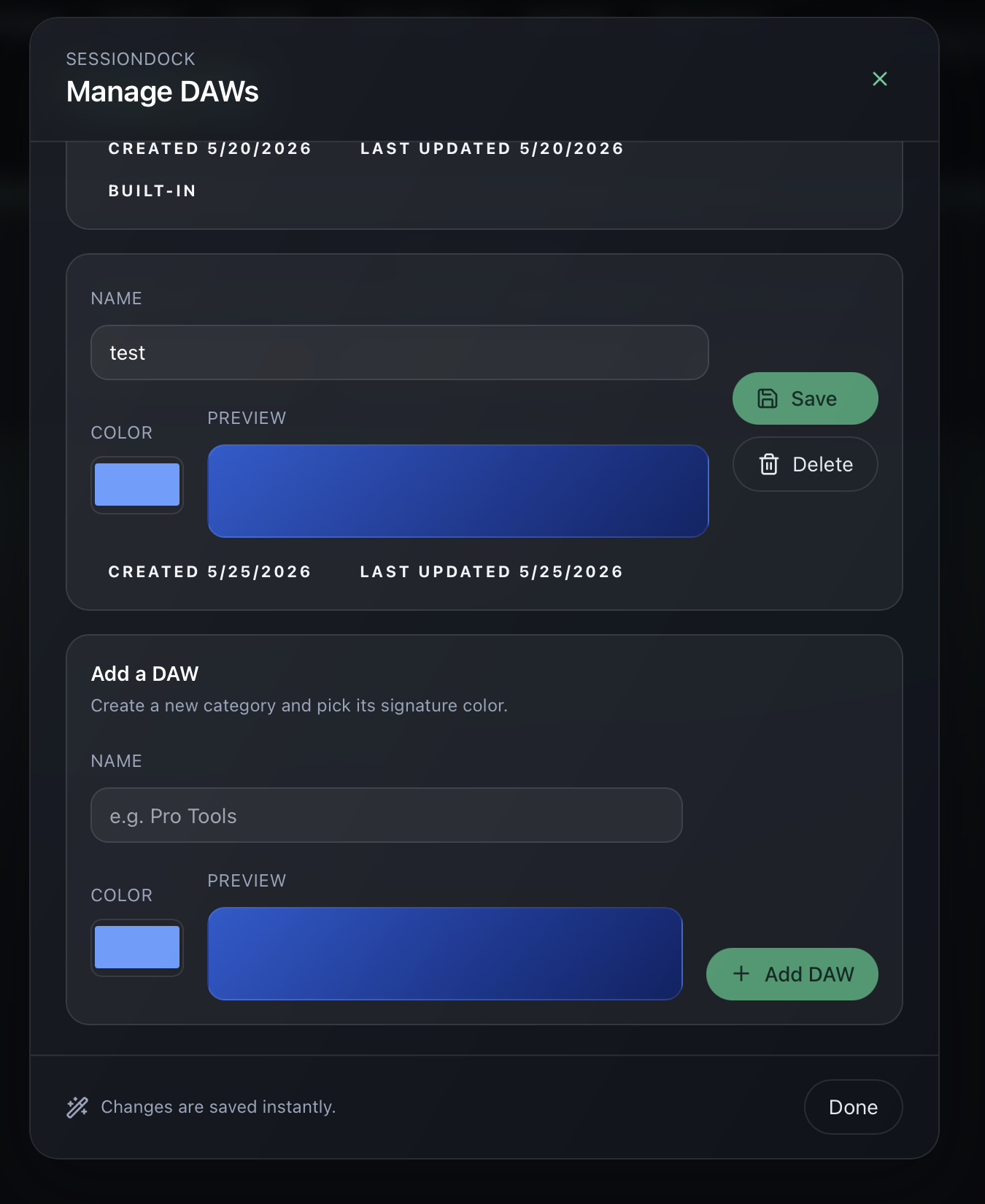 SessionDock Manage DAWs panel with Add DAW controls