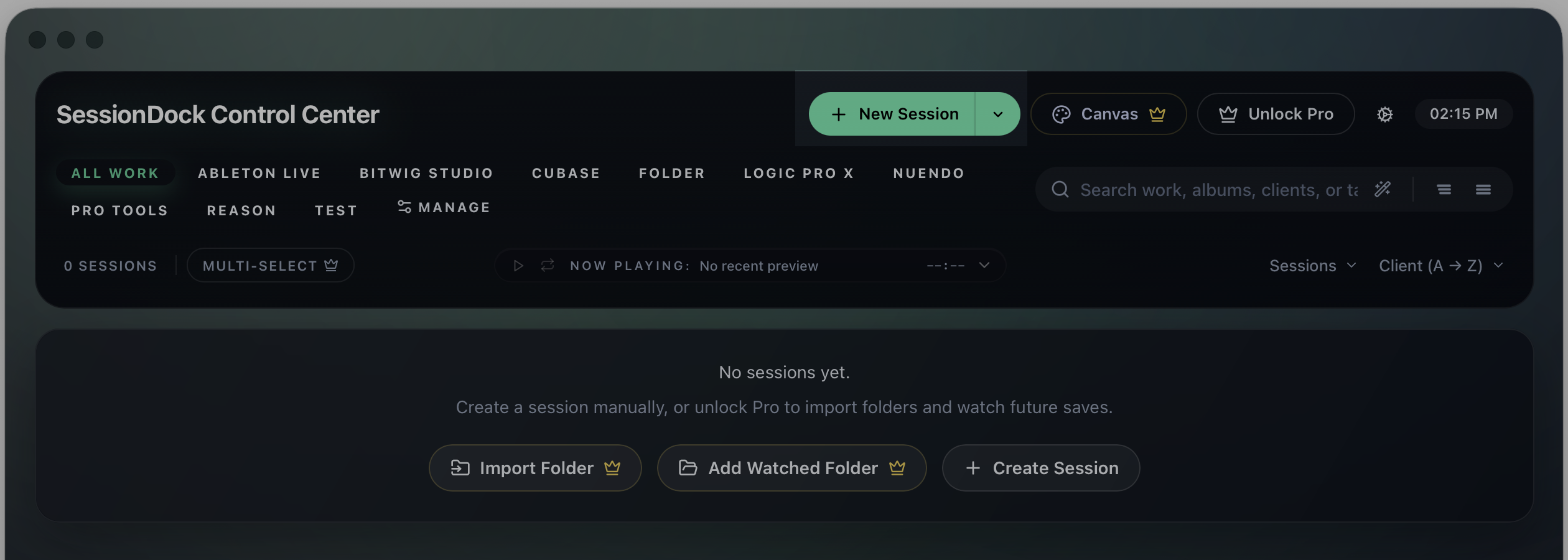 SessionDock empty library with import options