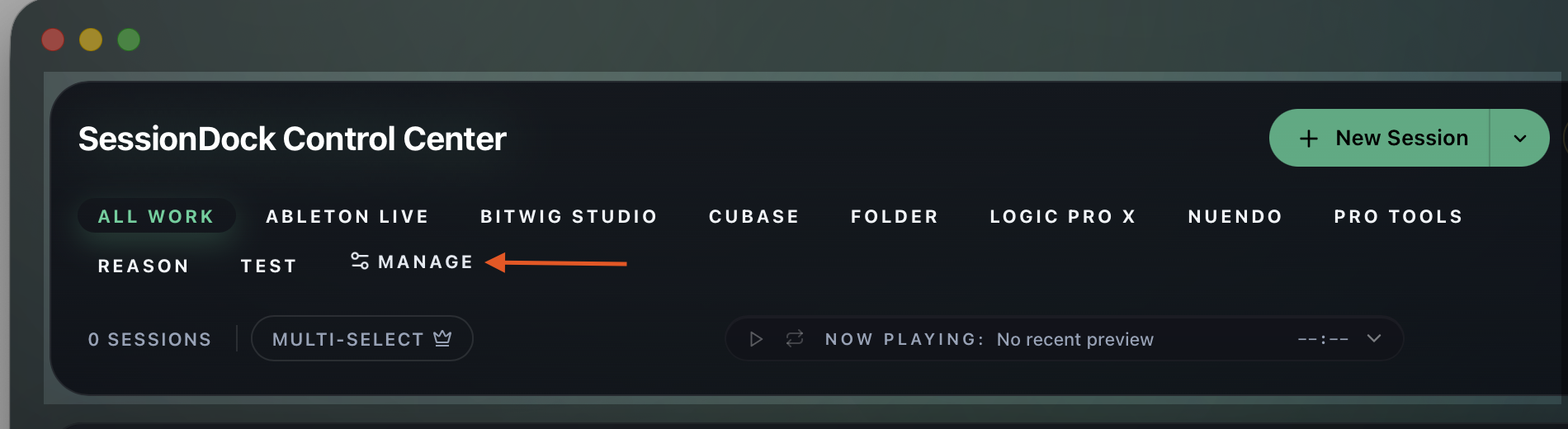 SessionDock Manage DAWs button in the library toolbar