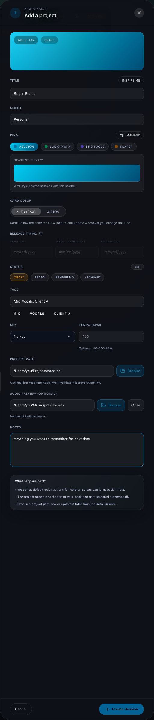 Full New Session panel showing title, tags, project path, audio preview, notes, and Create Session