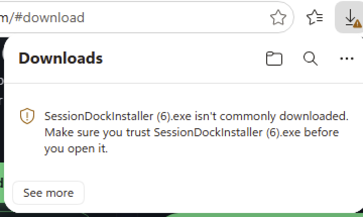 Windows download warning for the SessionDock installer